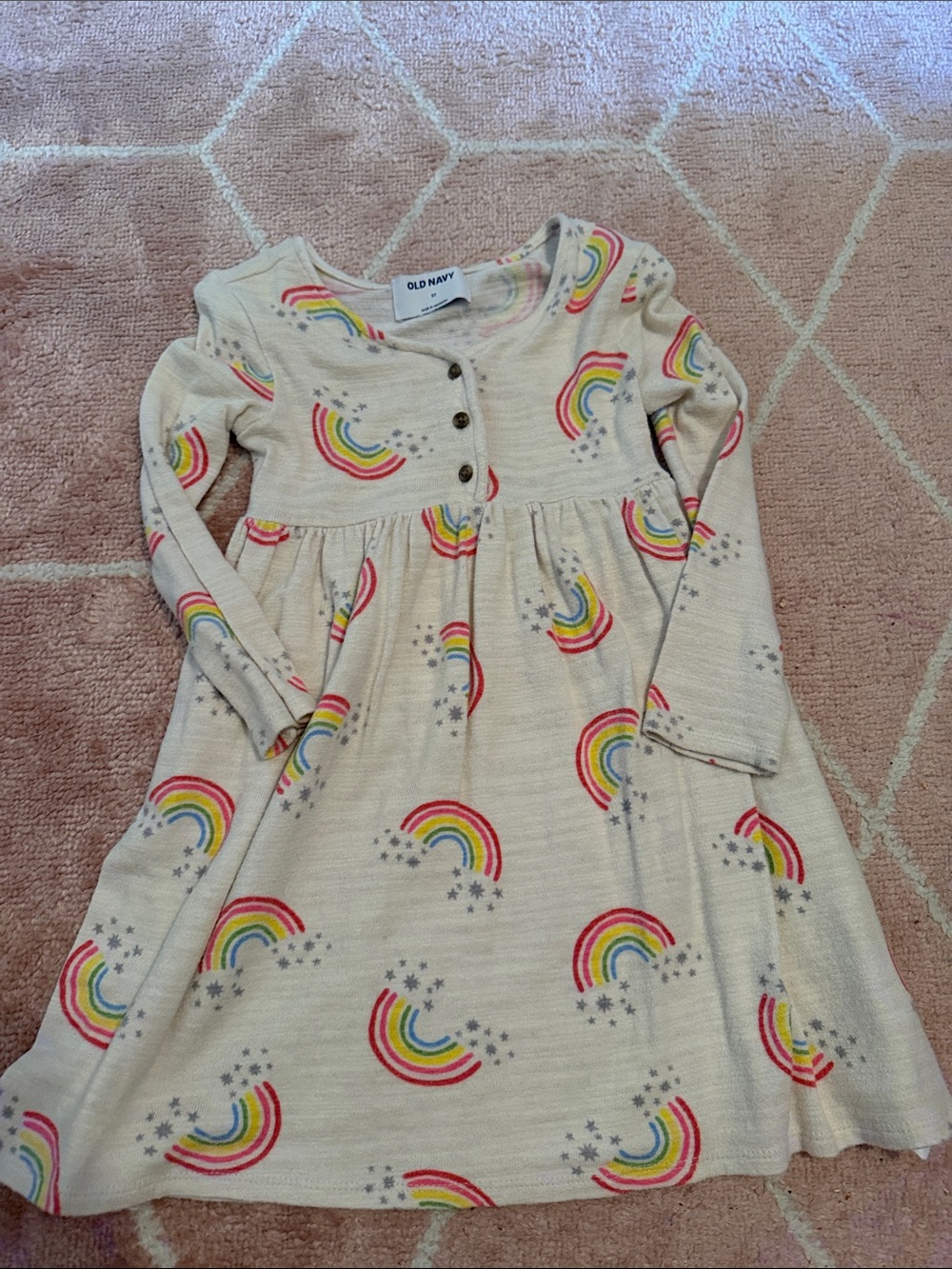 Old Navy Cream Rainbow Henley Long Sleeve Kids Dress